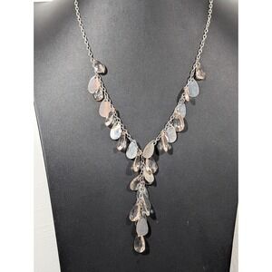 Beige Silver Tone Teardrop Charm Cluster Y-Drop Necklace Boho Sparkle 20 in